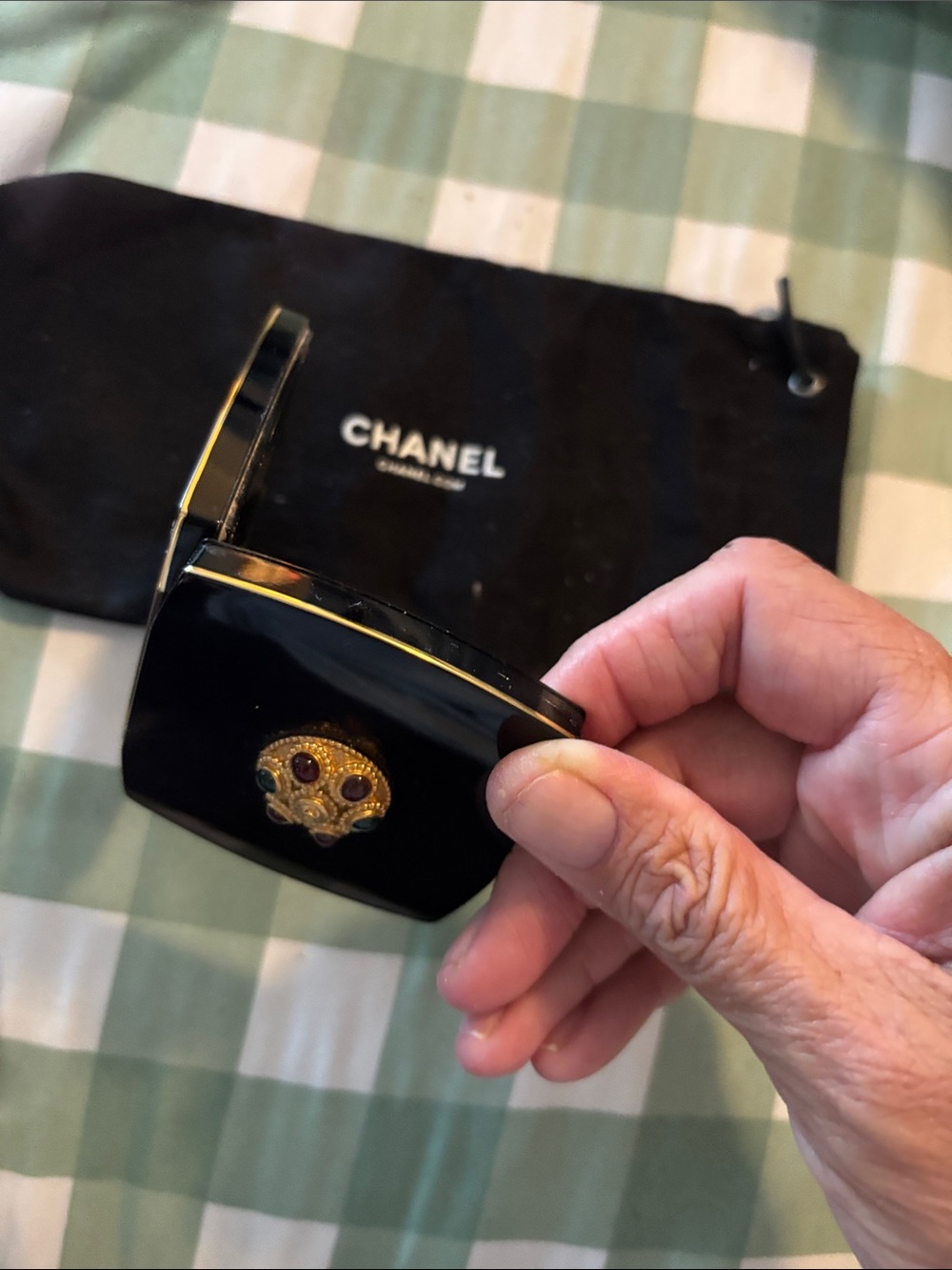 CHANEL Black Compact with Gold Medallion and Multicolor Stones with Storage Bag - Picture 15 of 16